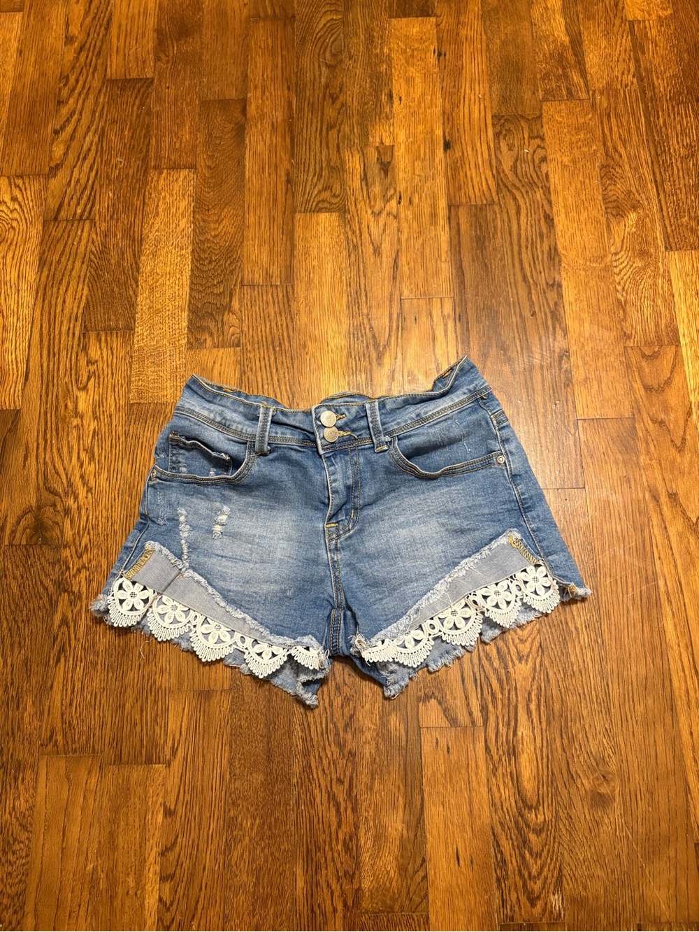 Women's Blue Denim Jean Shorts with Lace Trim